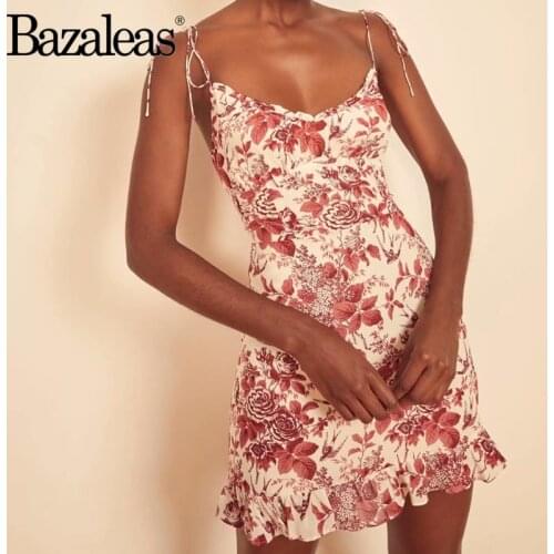 Bazaleas Chic Red Floral Print Adjust Spaghetti Strap Dress Sexy Slim Ruffles Vestidos Vintage Tube Top Women Mini Dress