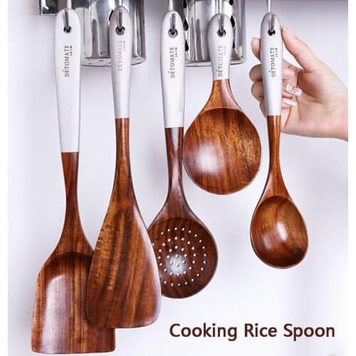 1PC Solid Wood Tableware Spoon Ladle Turner Long Rice Colander Soup Skimmer Cooking Spoons Scoop Kitchen Tableware