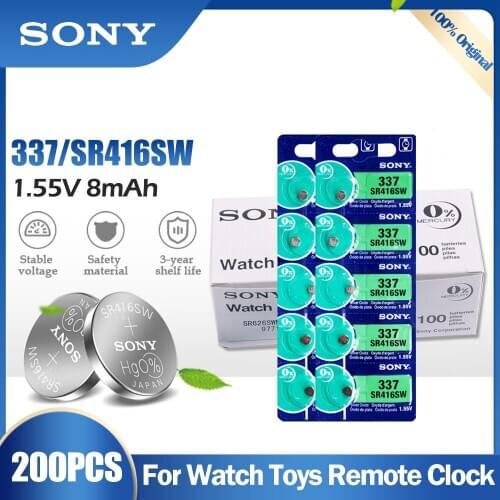 200PCS Sony Original 337 SR416SW SR416 LR416 V337 GP337 1.55V Silver Oxide Battery For Watch Hearing Aid Toys Button Cell Coin