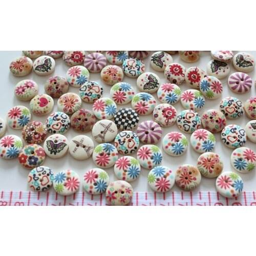 600 Painted Wood Buttons round button Floral Design Assortments 2-holes 15mm wholesale free shipping natural lacquered painting