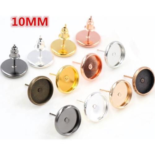 8/10/12mm 50pcs/Lot 8 Colors Plated High Quality Stainless Iron Earring Studs(with Ear plug) Base,Fit 10mm Glass Cabochons