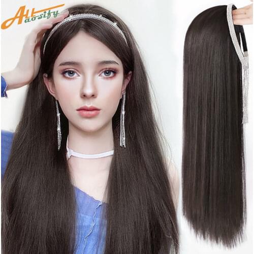 Allaosify Long Straight Headband Wig with Analog Crystal Hair Accessories Black Brown Multiple Colors Synthetic Wigs for Women