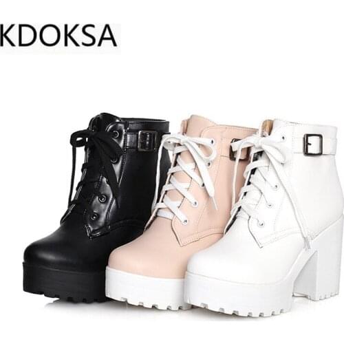 Autumn Martin Boots Boots Women Round Toe Buckle Shoes Women High Heel Fashion Plus Size Square Heels Lacing 3 Colors