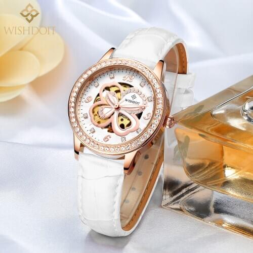 WISHDOIT Ladies Mechanical Watches Diamond Face Dial Leather Waterproof Luminous Four-Leaf Clover Quartz Clock Girl Reloj Mujer