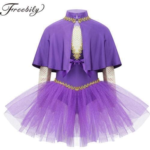 Kids Sequins Bowknot Glitter Mesh Tutu Ballet Dress Girls Gymnastics Leotard with Cape Arm Sleeves Set Performance Dance Costume