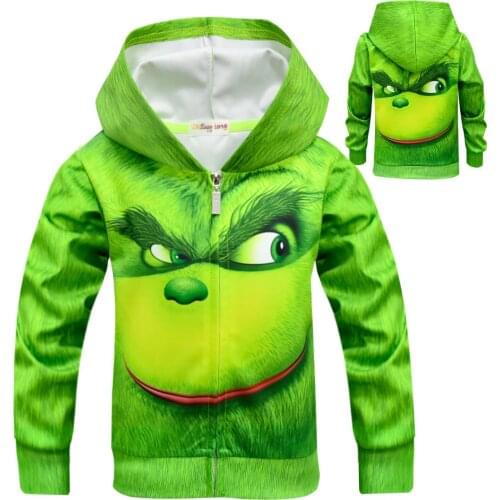 Childrens cartoon Green Kids Xmas Zipper Coat Print Tops Grinch Clothes boys and girls long-sleeved jacket T-shirt clothing