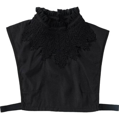 Women Girl Blouse Fake Ruffle Stand Collar Crochet Floral Lace Applique Decor Solid Color Detachable Ladies Stretchy Half