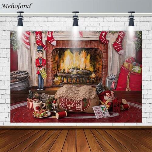 Merry Christmas Tree Backdrop Fireplace Gift Socks Pillow Kid Portrait Photography Background Photo Studio Photocall Decor Props