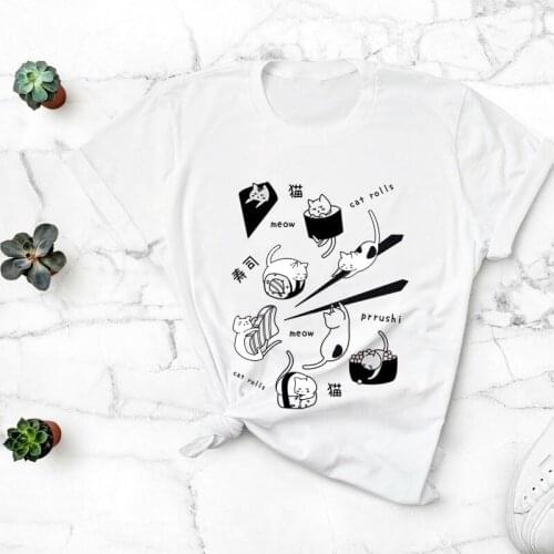 Sushi and Cat Animal Cute Cartoon Anime White Soft Cotton T Shirt japanese shirt kawaii harajuku graphic women tumblr tee tops