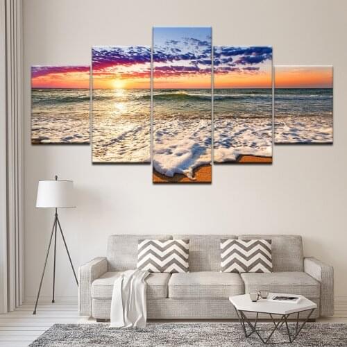 Painting Print On Canvas Wall Modular Pictures Decor 5 Panel Sea Wave Beach Sunset Seascape Wall Art Pictures For Living Room