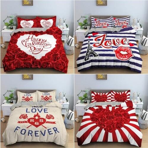 Heart Roses Flowers Pattern Bedding Set Luxury Bedclothes Duvet Cover Set for Valentines Day King Queen Twin Size Bedroom Decor