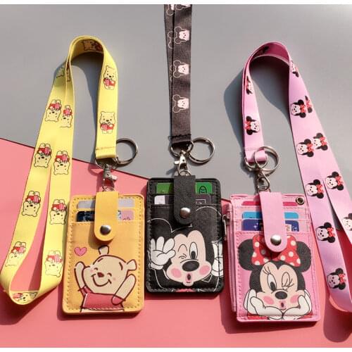 Disney Mickey Hanging Neck Retractable Card Holder Campus Card Meal Card ID Card Shell Leather Case Multi-card Bus Card Hold