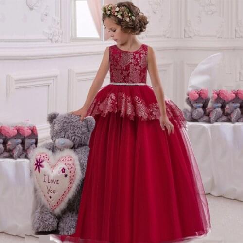 Red Long Party Dresses Bridesmaid Dress Kids Dresses For Girls Vestidos Mesh Princess Dress Girl Wedding Dress 10 12 14 Years