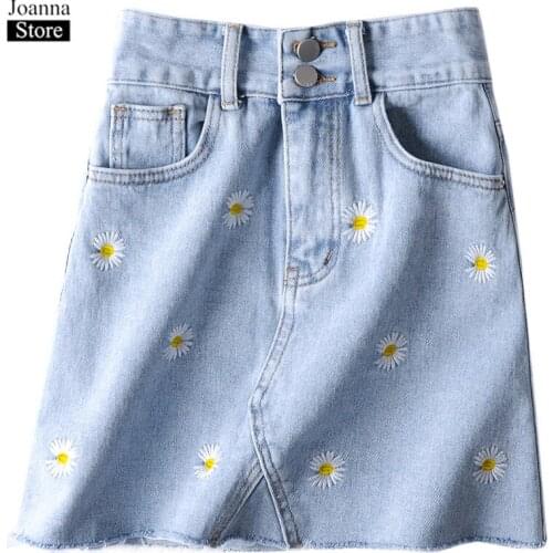 Summer Daisy Embroidered Denim Mini Skirt Women A-Line High Waist Flowers Sweet Slim Skirts Blue Casual Plus Size Clothes Female
