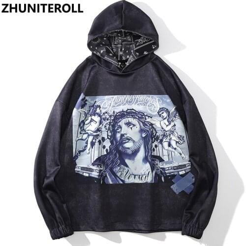 Autumn 2021 Hip Hop Harajuku Men Sweatshirt Funny Angel Print Hoodie Hooded Pullover Drawstring Fashion Streetwear Sweat Shirt