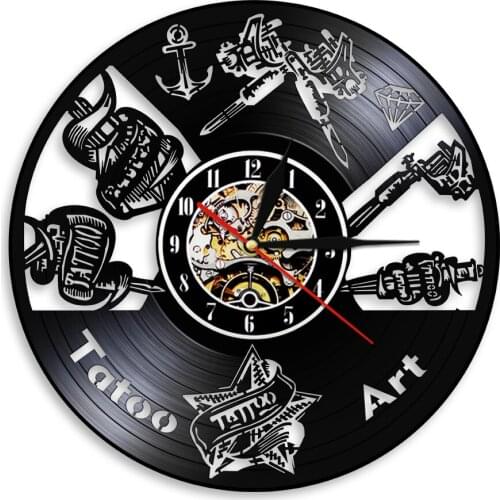 Tattoo Shop Wall Sigh Art Decor Clock Black Hanging Vinyl Record Wall Clock 3D Watches Unique Gift Idea For Tattooist