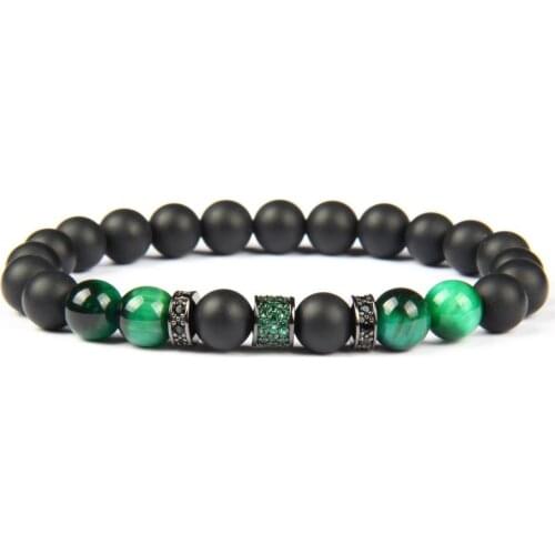 New Green & Blue Cz Beaded Luxury Men Bracelet Natural Tiger Eye and Matte Onyx Stone Drop Shipping Nice Gift Jewelry