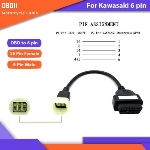 OBD Motorcycle Cable For Kawasaki 6 Pin Plug Cable Diagnostic Cable 6Pin to OBD2 16 pin Adapter