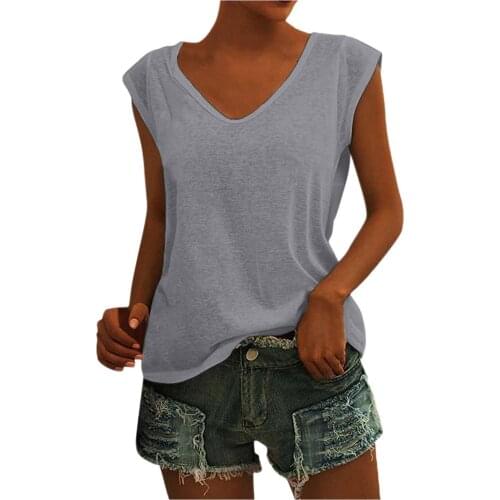 Solid Color Womens Tee Shirts Dew Shoulder T Shirt Women Casual V-neck Summer Top Sleeveless Vest Loose Fit Womens Tank Top