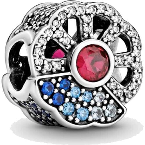 Original Openwork Blue & Pink Fan With Colorful Crystal Beads Fit 925 Sterling Silver Charm Bracelet Diy Jewelry