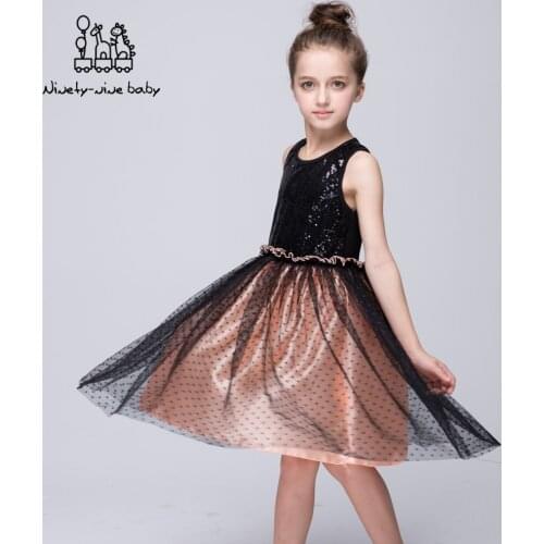 Girls Dress Sequins Lace Wave Stitching Dress Birthday Party Performance Dress Baby Girls Elegant Costume Vestidos