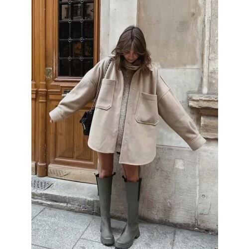 Casual Woman Camel Loose Pocket Woolen Shirt 2021 Fashion Ladies Autumn Long Sleeve Thick Blouse Coat Female Long Outwear