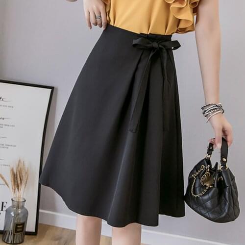 Casual Black Skirts Womens Knee-Length Summer Side Lace Up Skirt High Waist Solid Korean Fashion A-line Women Skirt Jupe Femme