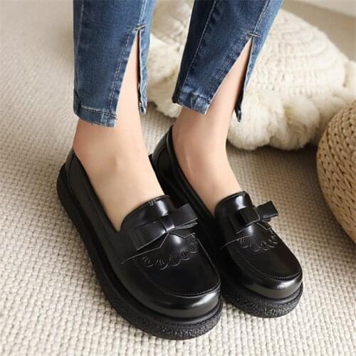 PXELENA Casual Comfort Women Flat Platform Loafers Slip On 2021 Fall Spring Round Toe Bow Knot Shoes Collegiate Plus Size 34-43