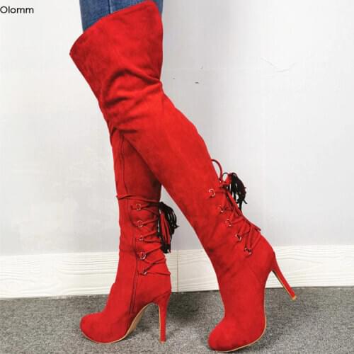 Olomm Handmade Women Thigh High Boots Pretty Fringe Sexy Stiletto Heels Round Toe Gorgeous Red Party Shoes Women US Size 5-15