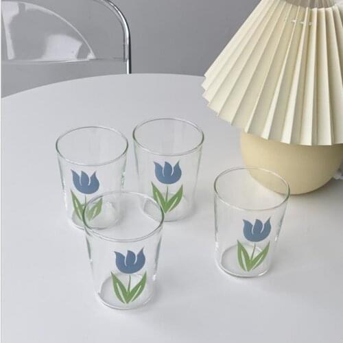 Nordic Blue Tulip Transparent Water Tea Glass Ins Milk Breakfast Coffee Glass Cup Juice Shot Drinking Glass Drinkware