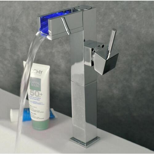 3 Colours change bathroom water basin faucet mixer, Copper single handle waterfall basin faucet, Chrome plated basin faucet LED