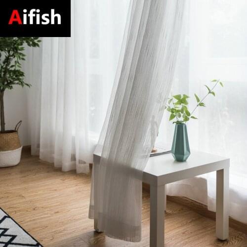 Modern White Tulle Stripe Curtains For Living Room Decoration Korean Flax Yarn Balcony Bedroom Light Transmission Customize 3