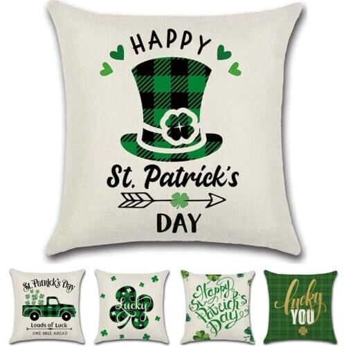 Ireland St. Patricks Day Green Shamrock Lucky Letters Throw Pillow Case Home Sofa Room Holiday Decorative Cushion Cover 45x45cm