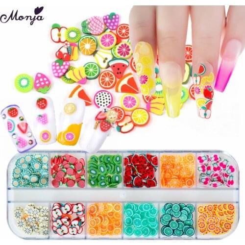 Monja 12 Grids/Box Nail Art Summer Fruit Pattern Decorations Colorful Polymer Slices Apple Design Flake DIY Manicure Accessories