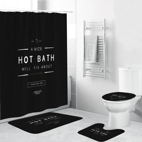 HOT BATH Black Design Shower Curtain Minimalism Bathroom Decor Set 4 Piece Toilet Cover Mat Polyester Fabric 71" W x 71" H