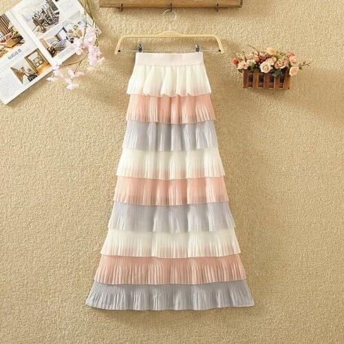 2021 Women A-Line Long Skirts Womens High Waist Lace Skirt Pleated Skirt Women Casual Ruffle Jupe Femme Saias Faldas Mujer