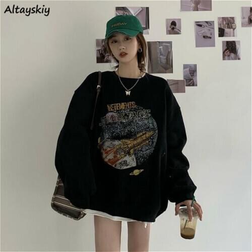 Hoodies Women Winter Vintage Ulzzang All-match Print Mujer Korean Style New High Street Long Sleeve Students Plus Velvet Hiver