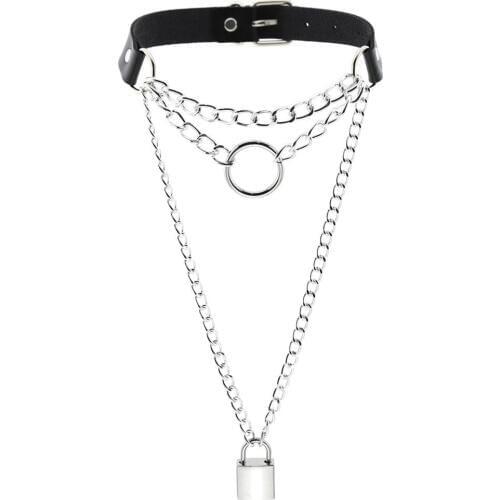 KMVEXO Gothic Hip Hop Multilayers Chains Necklace Punk Choker Collar Lock Pendant Necklaces Women Leather Emo Witch Rave Jewelry