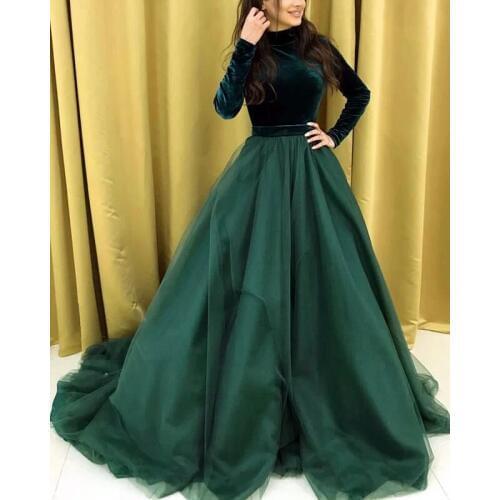 2021 Long Sleeve Velvet Prom Dresses O Neck Long Formal Evening Party Ball Gowns Robe De Soiree