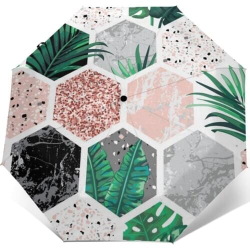 Umbrella Marble Geometric Shapes Tropical Automatic folding portable men women umbrella Sunscreen rain Windproof beach parasol