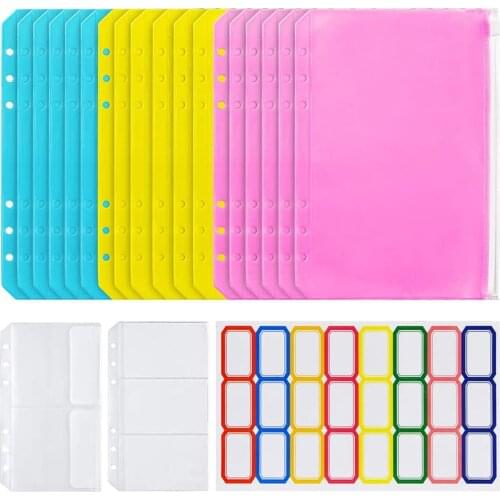 21PCS A6 Binder Filing Bags Waterproof Envelope System 6 Holes Clear Zipper Pouch for Loose Leaf Notebook and Label Sticker