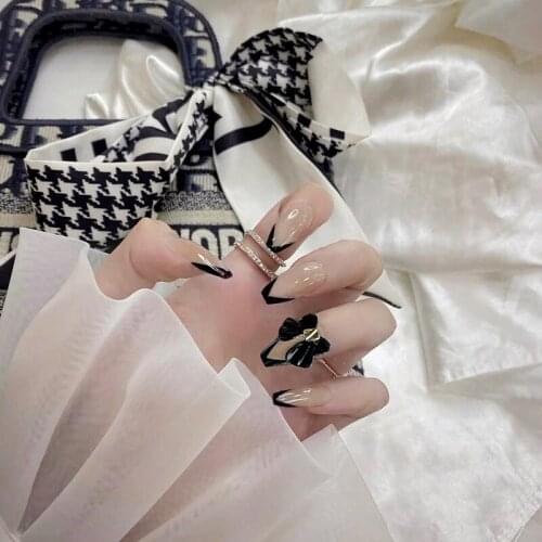 24pcs/box Fashion New Detachable Black Bow Decoration Fake Nails Nail Salon Art Tools Supplies Fake Nails