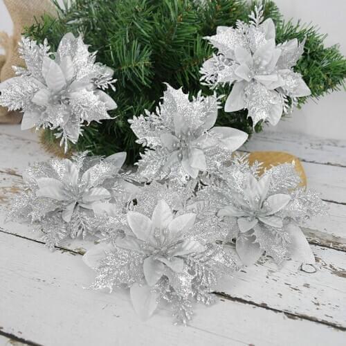 5pcs Artificial Flowers Glitter Fake Flowers Christmas Tree Ornaments for Home Wedding Valentines Day Decorations