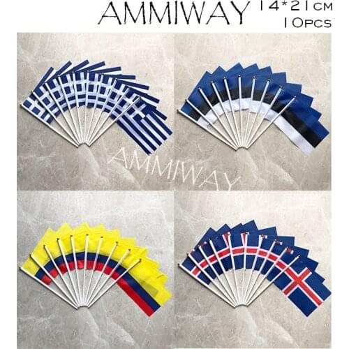 AMMIWAY 14x21cm 10pcs Greece Estonia Columbia Iceland Small World Country Natioanl Hand Flags Home Decoration Sport Flag