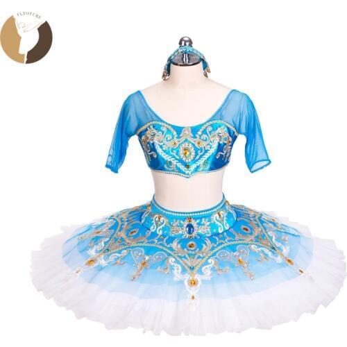 FLTOTURE Blue Ballet Tutu For Girls Classical Ballerina Competition Costumes Skirt 12 Layers Pancake Tutu Dress With Headpiece