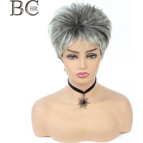 BCHR Short Ombre Silver Gray Synthetic Wig Granny Wigs for Women Dark Roots Hair for Daily Cosplay