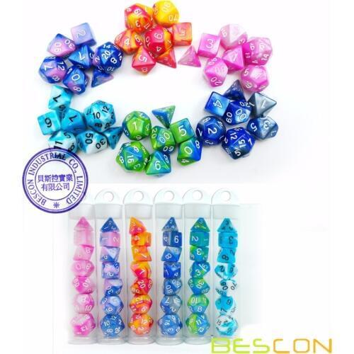 Bescon Mini Gemini Two Tone Polyhedral RPG Dice Set 10MM, Mini RPG Dice Set D4-D20 in Tube Packaging, Assorted Colored of 42pcs