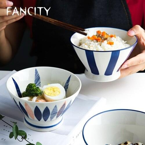 FANCITY Japanese-style hand-painted ceramic bowls for household meals, high-footed bowls, bowls, small noodle bowls, rice bowls