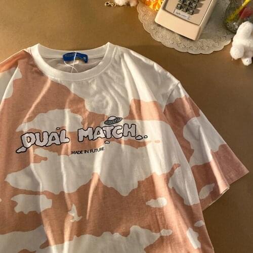 Ins Salt Retro 2021 Summer New Tie-Dye Cotton T-Shirt Women Oversized Harajuku Kawaii Loose Printed Leeter Short-Sleeved Top