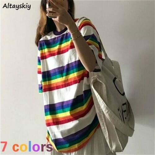 T-shirts Women Summer Korean Harajuku Rainbow Striped Womens T Shirts All-match Street Girls Couple Oversize Unisex Top Tees 7XL